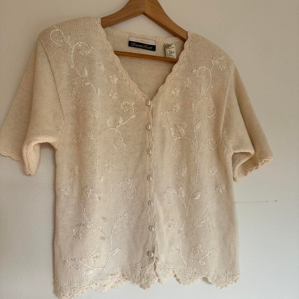 Vintage 90s Dana Scott Pearl Button Short Sleeve Lace Embroidered Cardigan Small - Picture 2 of 6